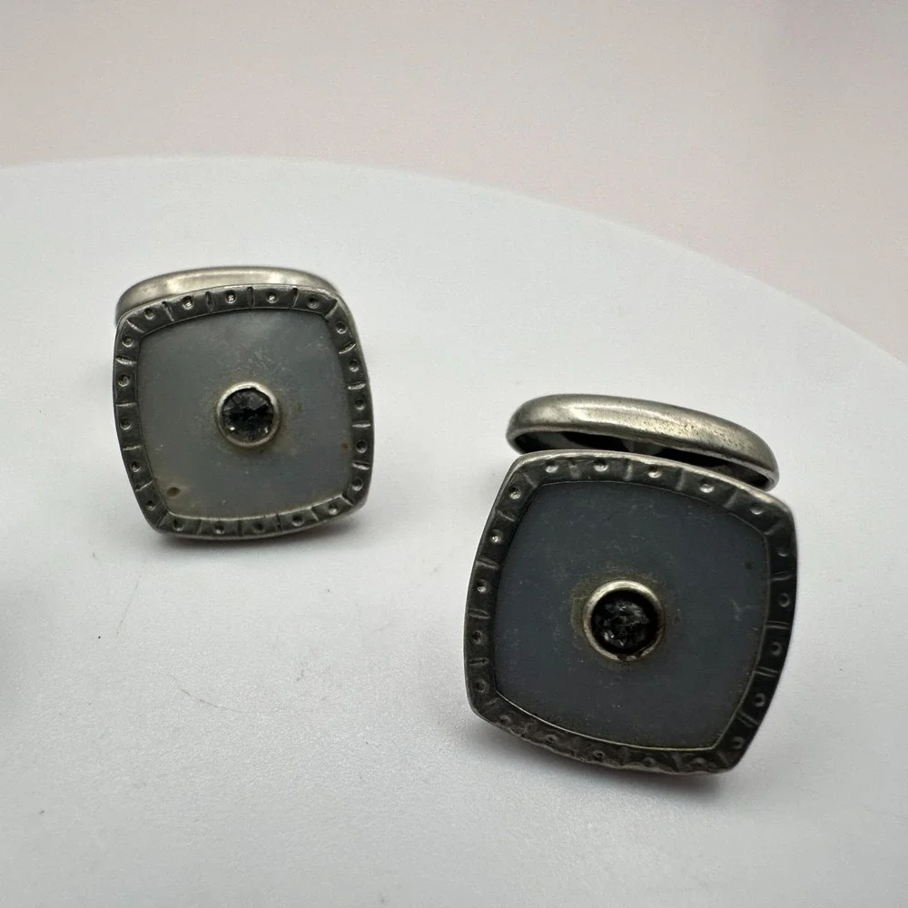 Vintage 80s Silver Tone Cufflink Set Glass Geometric Honeycomb‎ Fashion Jewelry
